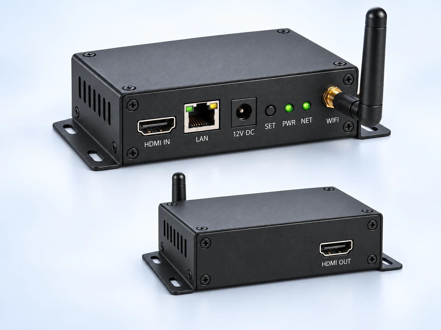 游戏切换盒子产品展示图：黑色金属外壳、HDMI 接口与天线的两个视角，基于原图美化
